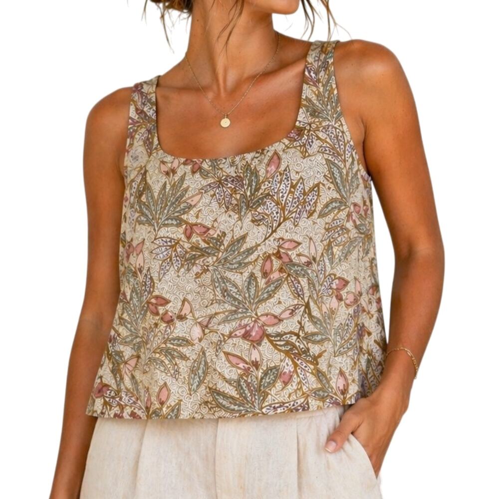 Cynthia Rowley Linen Tank Top Botanical Print Boho Large Poetcore Cruise Resort